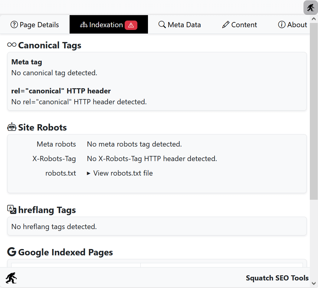 Squatch SEO Tools browser extension screenshot