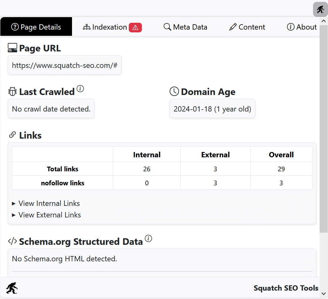 Squatch SEO Tools browser extension screenshot